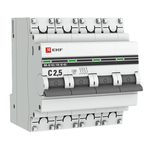 Автоматический выключатель 4P 2,5А (C) 4,5kA ВА 47-63 PROxima | код  mcb4763-4-2.5C-pro | EKF